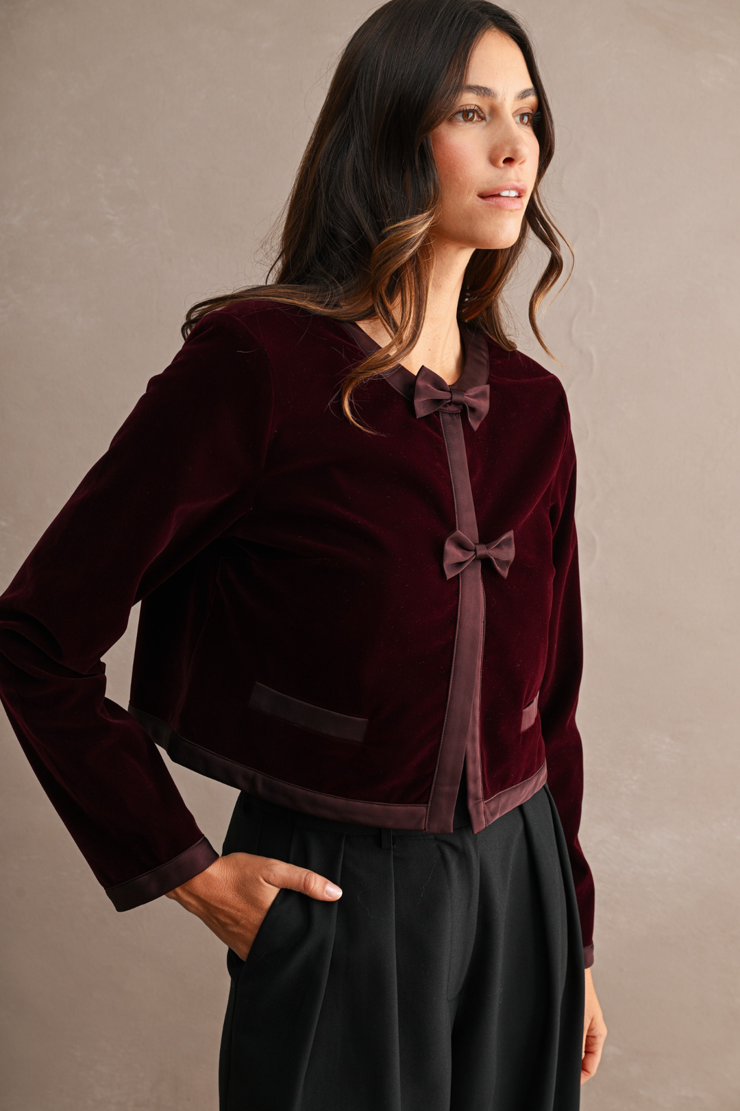 Contrast Satin Trim Front Bow Button