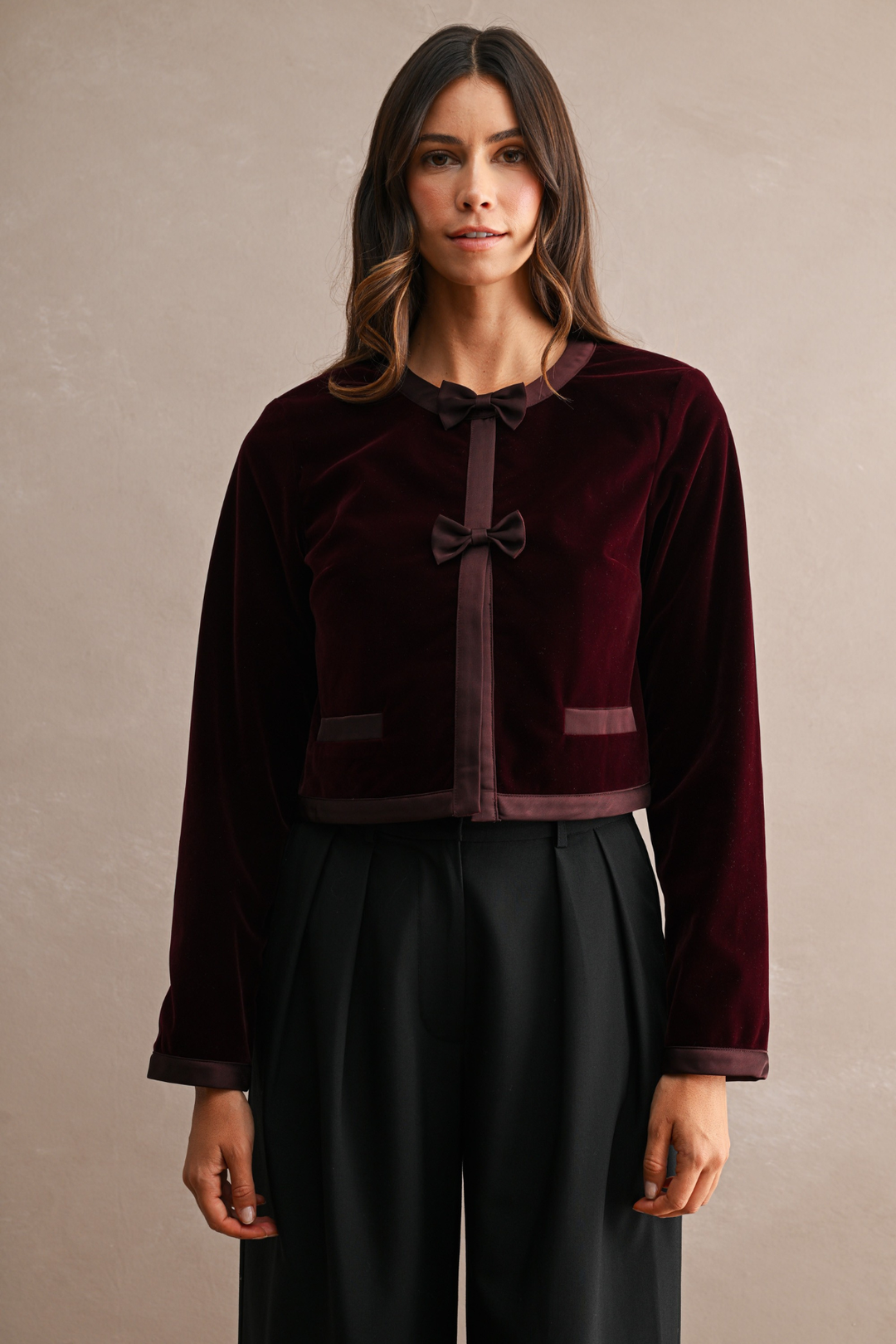 Contrast Satin Trim Front Bow Button
