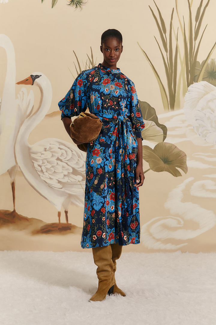 FARM RIO | ARABESQUE BLUE MIDI DRESS