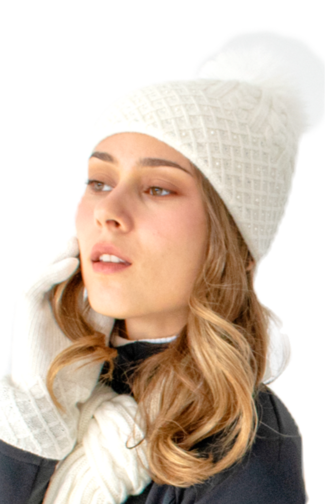 White Cable Sparkle Hat Fox Pom