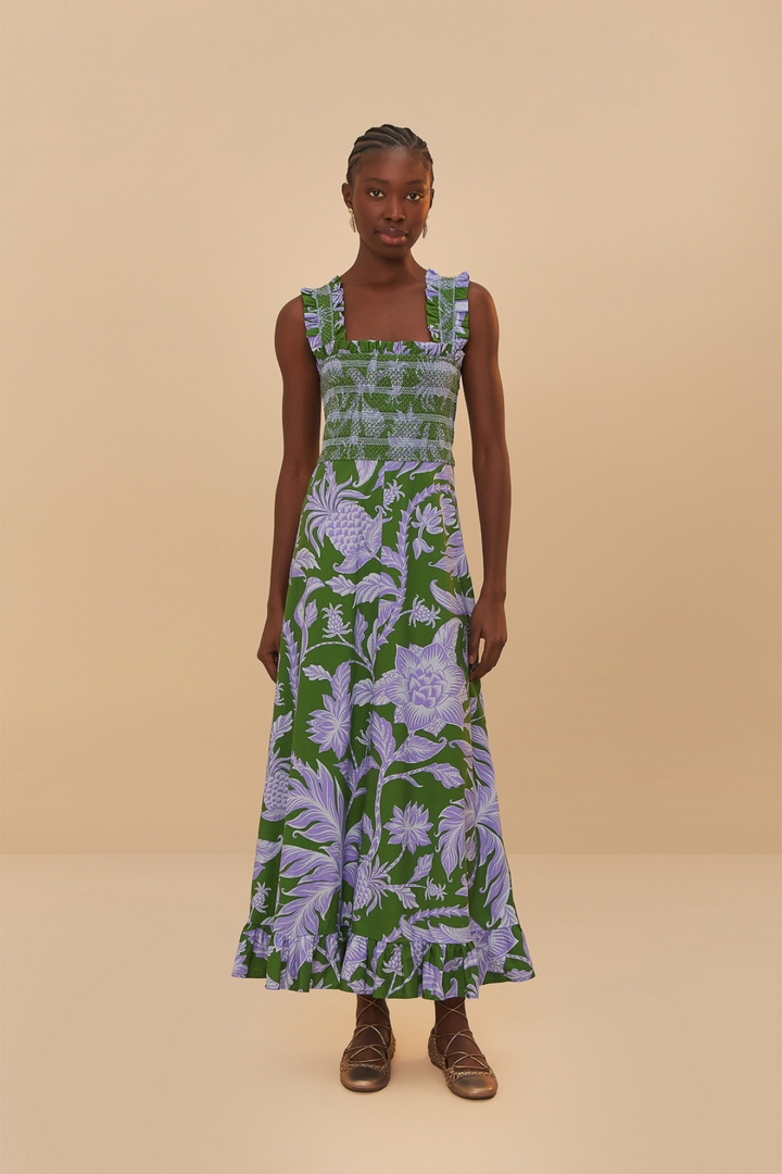 FARM RIO | GREEN TROPICAL MIDI DRESS
