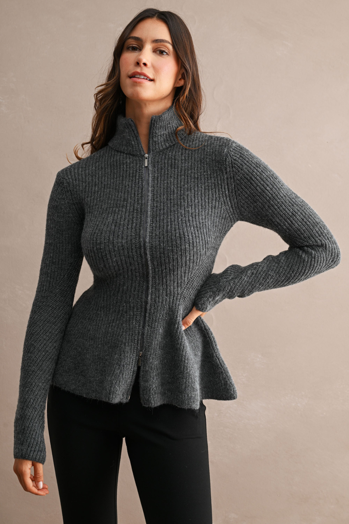 Ribbed Knit Mock Neck Front Zip