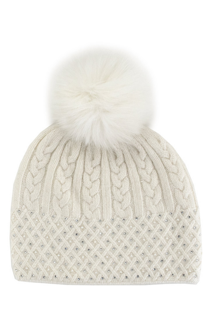 White Cable Sparkle Hat Fox Pom