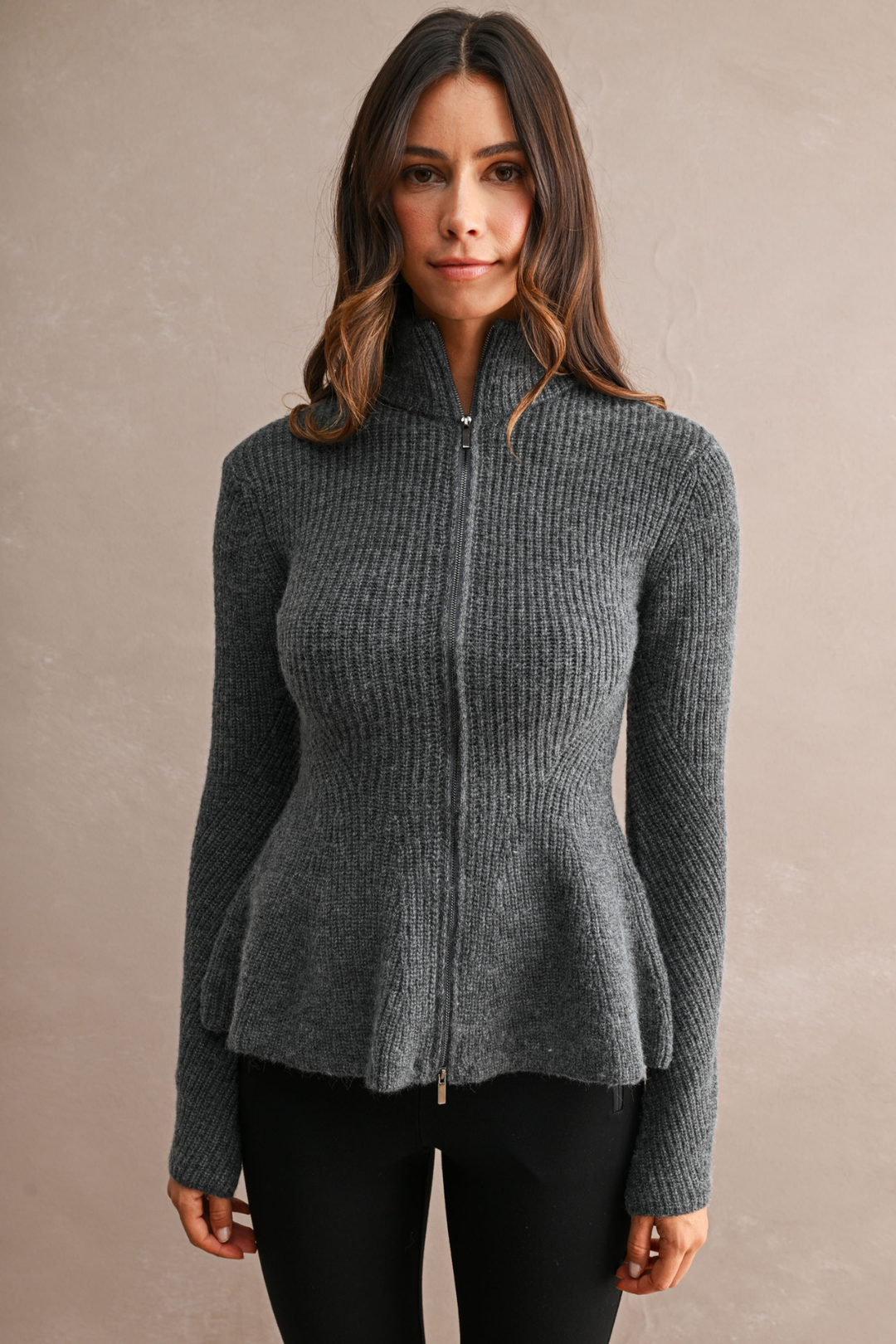 Ribbed Knit Mock Neck Front Zip