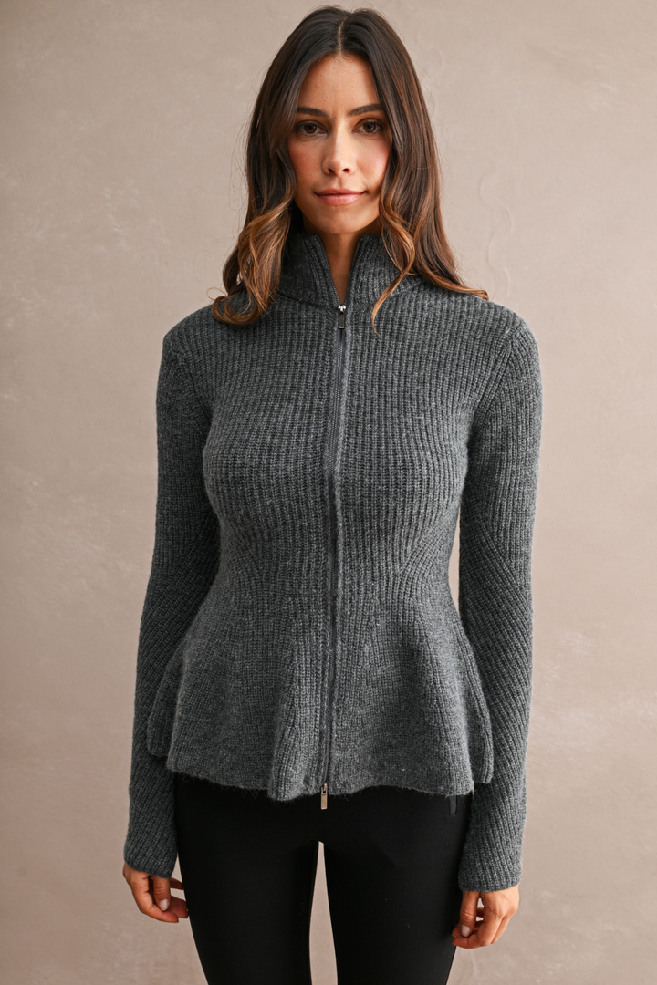 Ribbed Knit Mock Neck Front Zip
