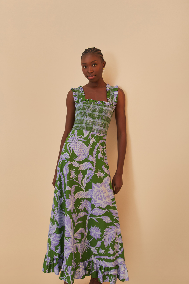 FARM RIO | GREEN TROPICAL MIDI DRESS