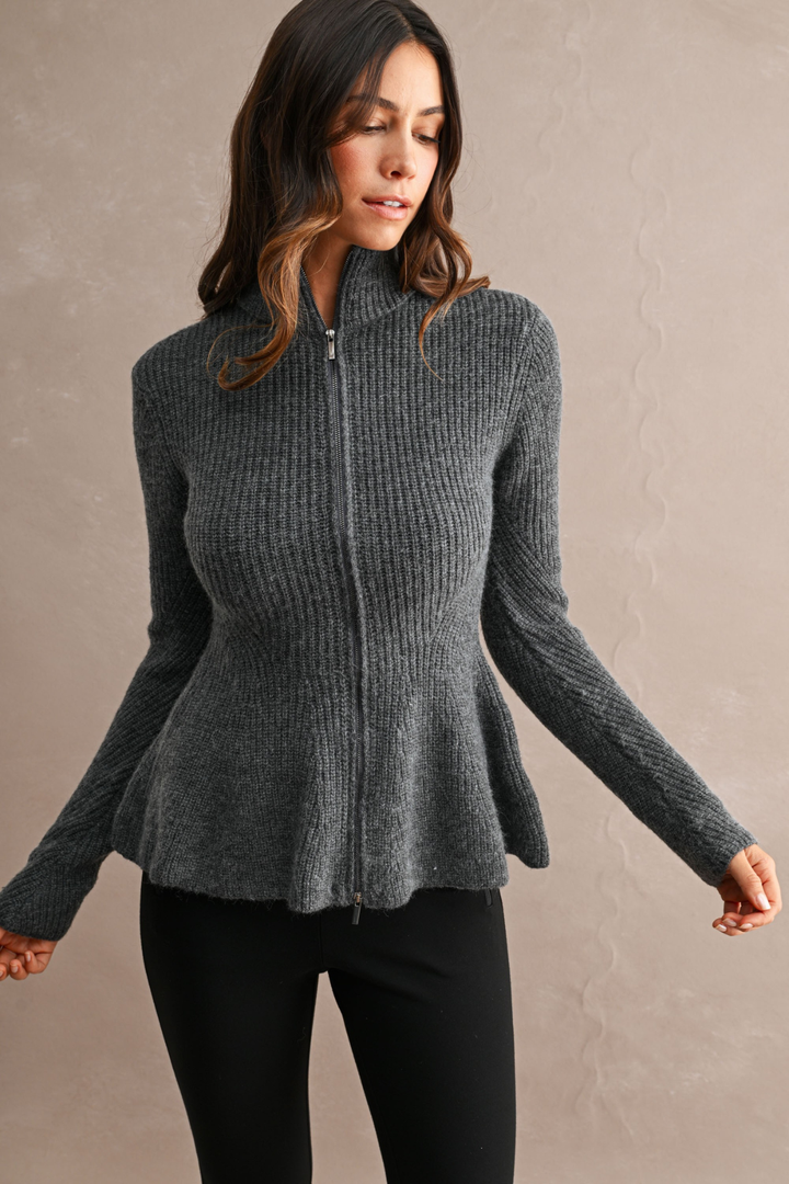 Ribbed Knit Mock Neck Front Zip