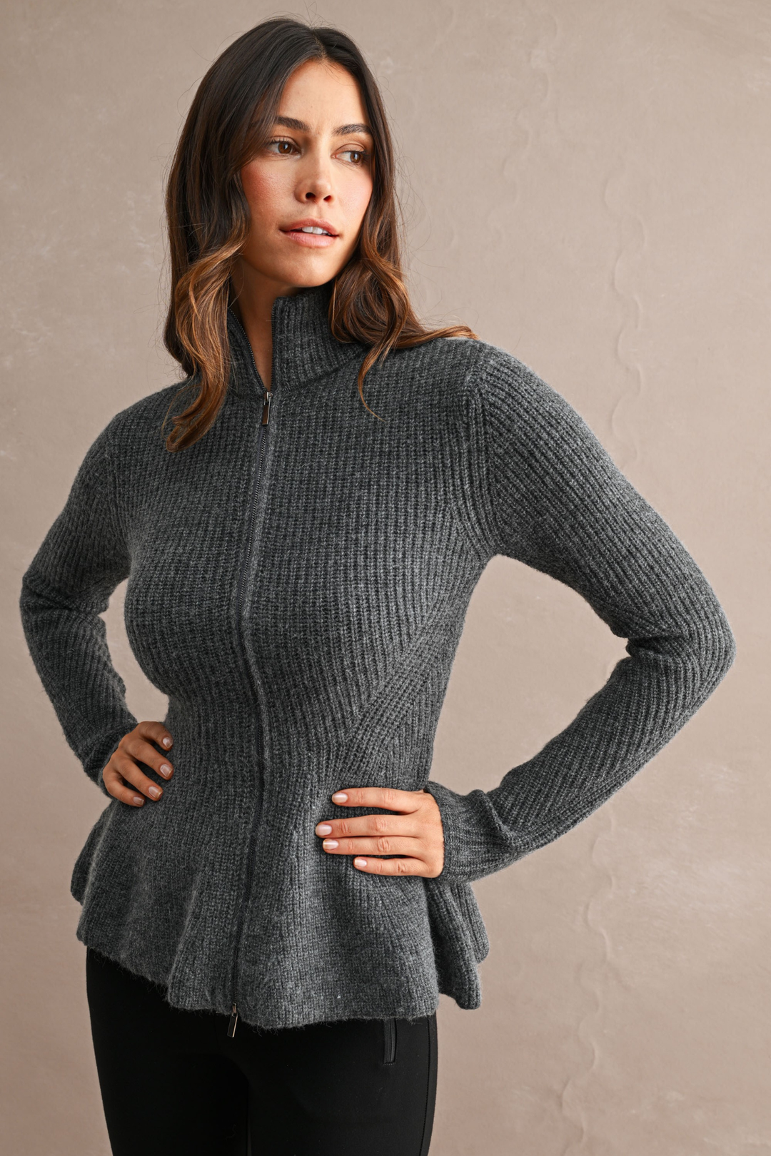 Ribbed Knit Mock Neck Front Zip
