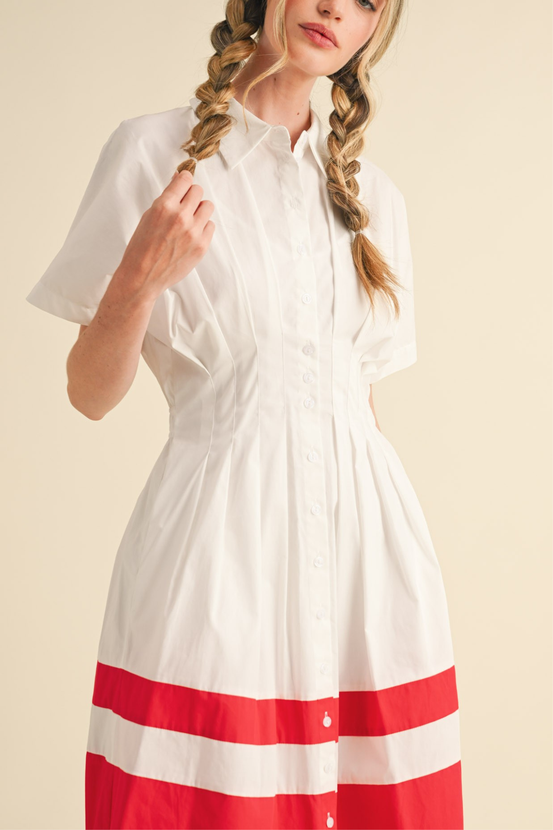 Red Colorblock Pleated Shirt Dress Medium