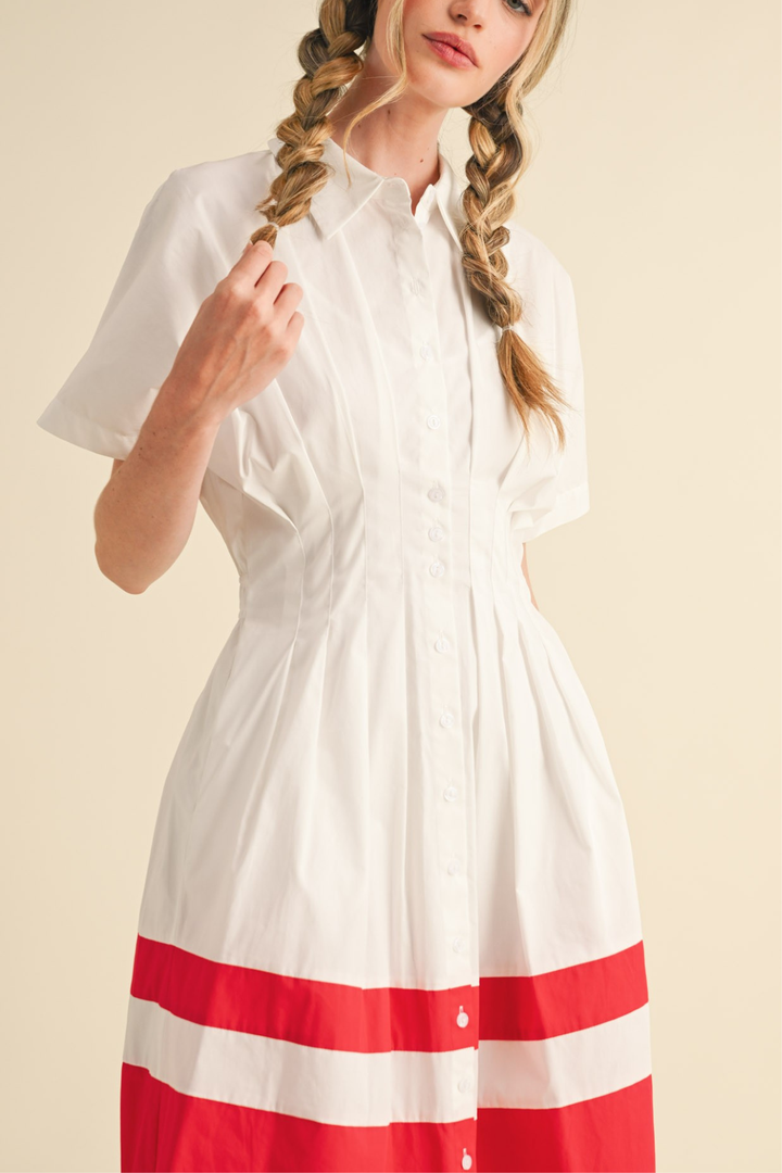 Red Colorblock Pleated Shirt Dress