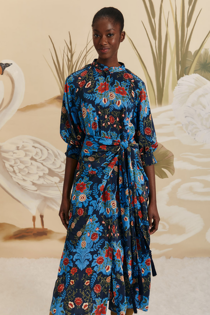 FARM RIO | ARABESQUE BLUE MIDI DRESS