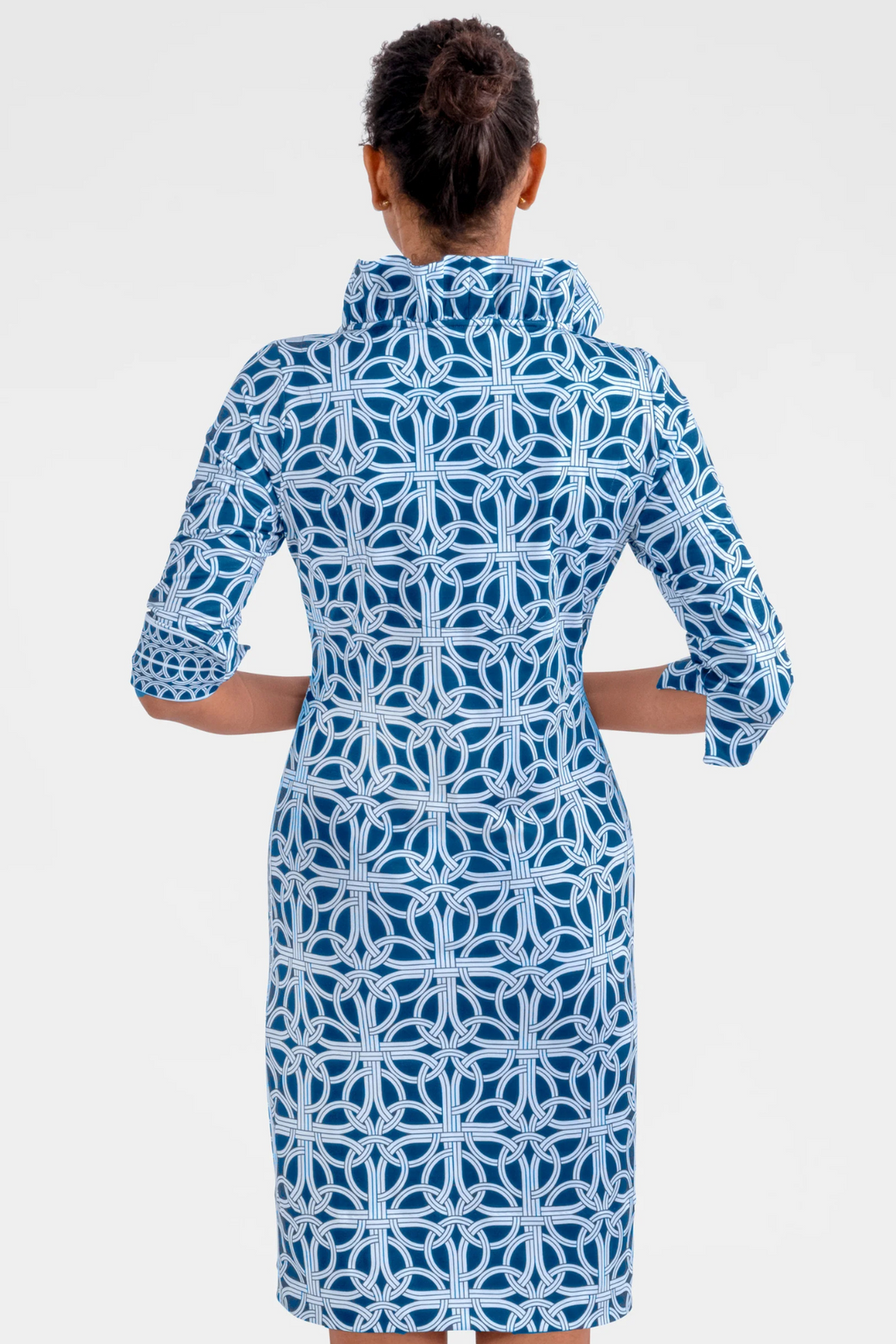 Gretchen Scott | Ruffleneck Dress- Navy Ring Toss
