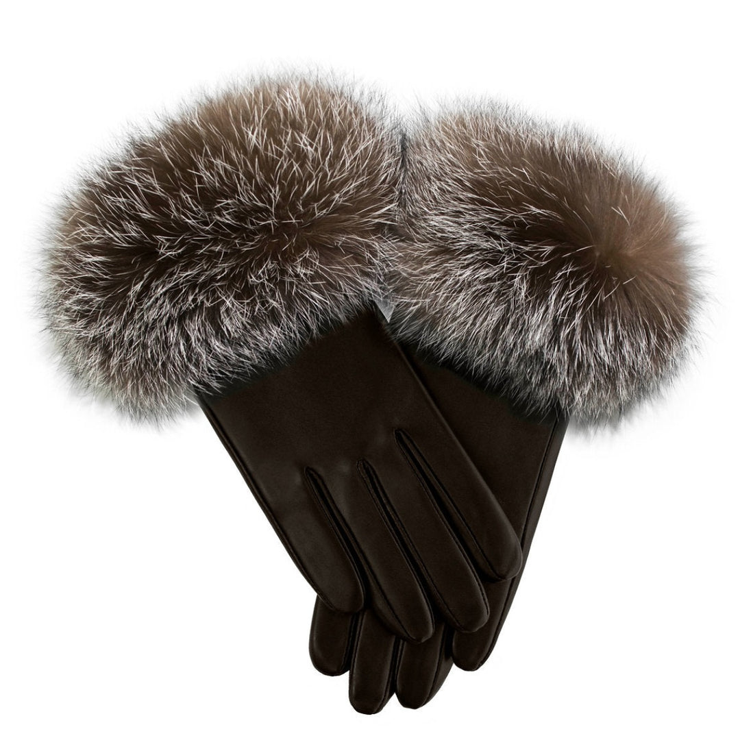 Brown Crystal Fox Leather Gloves