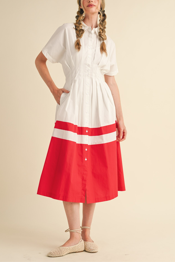 Red Colorblock Pleated Shirt Dress