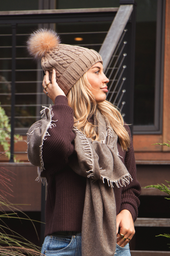 Taupe Fox Pom Beanie