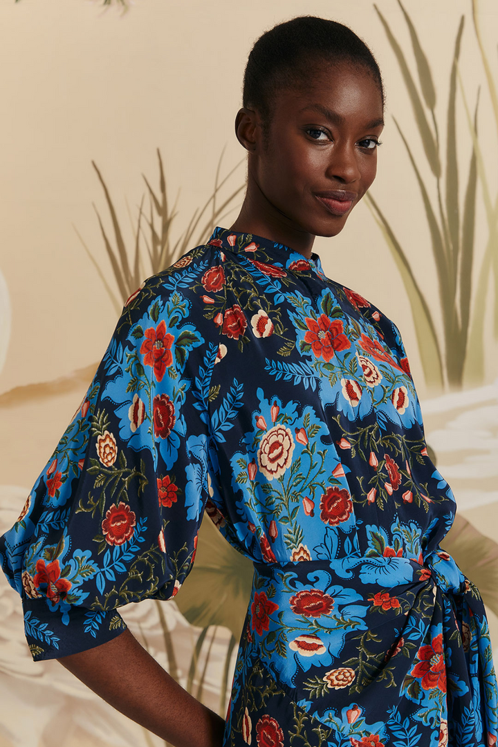 FARM RIO | ARABESQUE BLUE MIDI DRESS