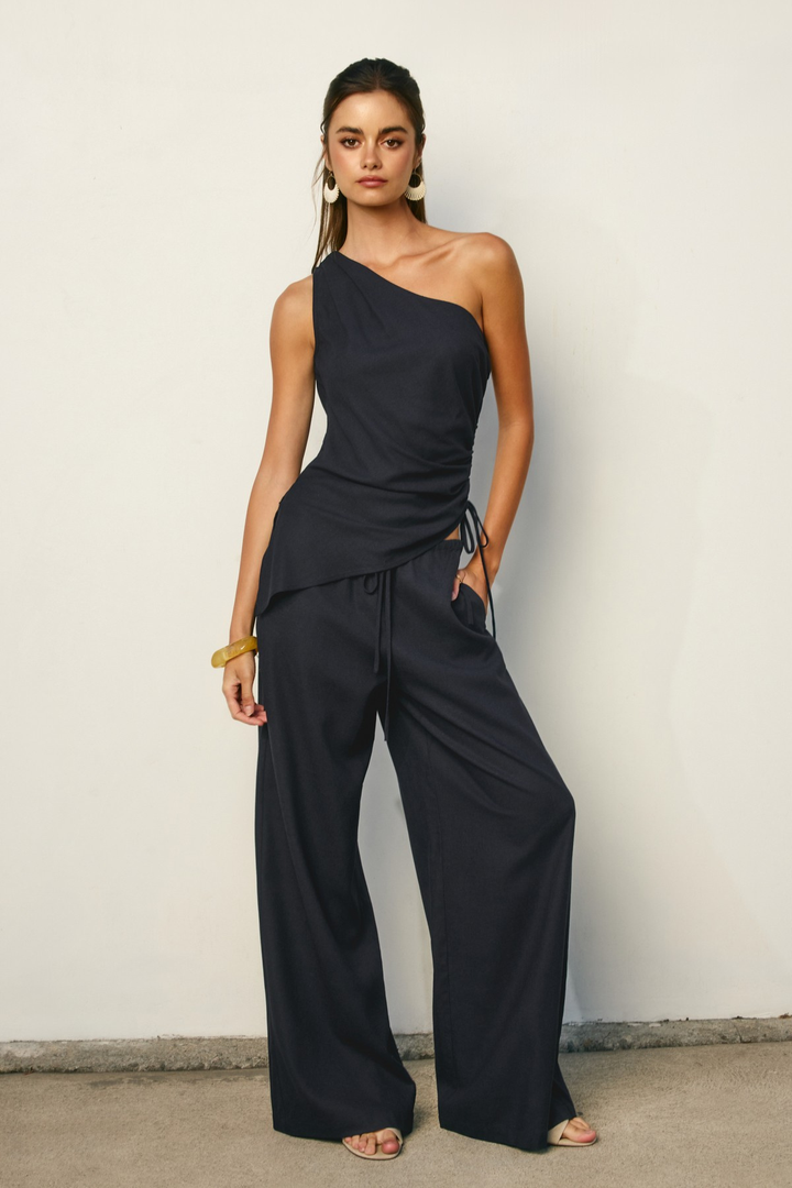 Navy Linen One Sleeve Top