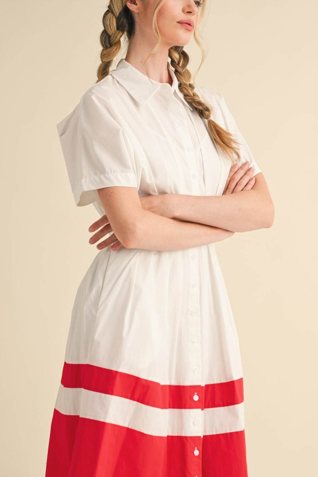 Red Colorblock Pleated Shirt Dress