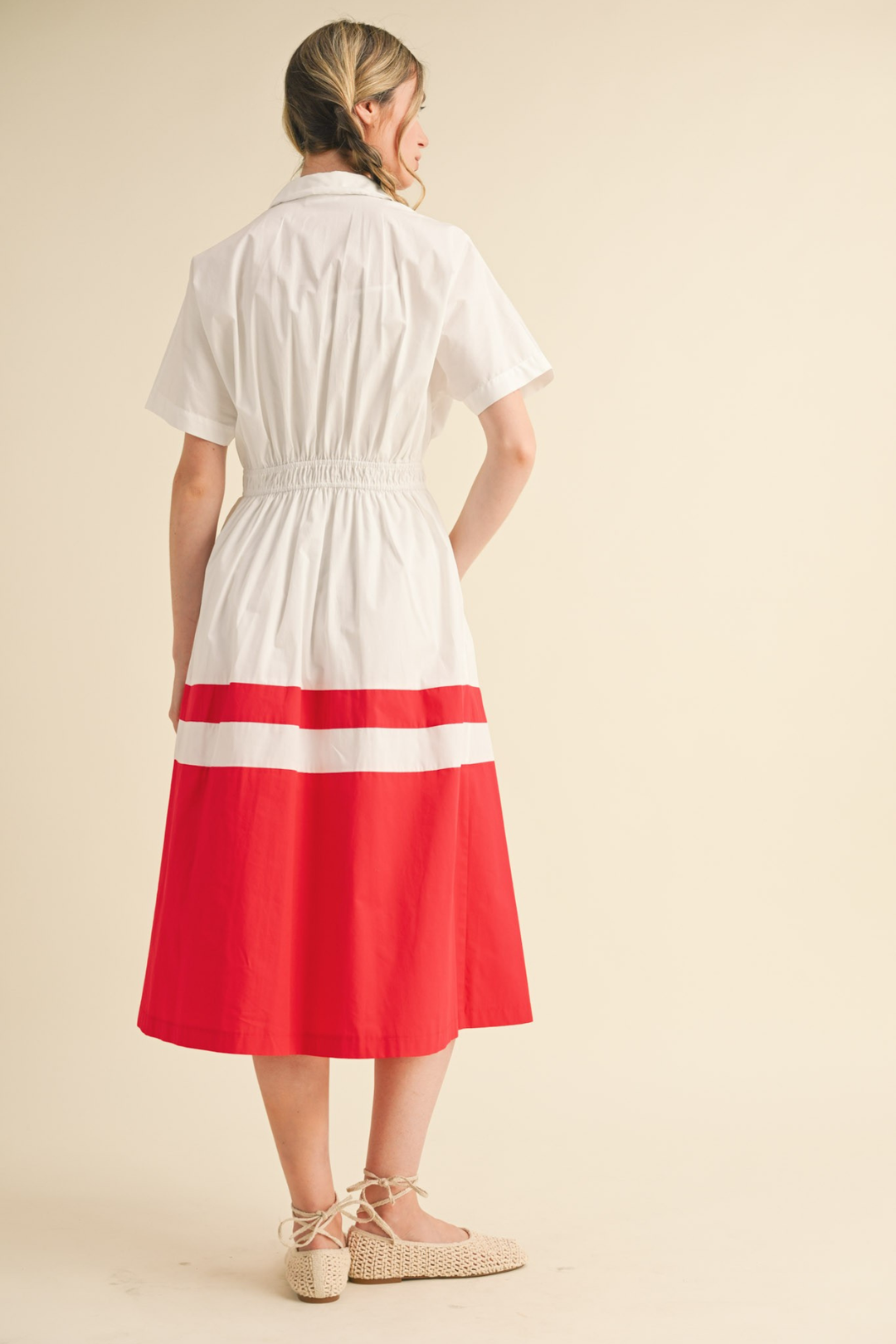 Red Colorblock Pleated Shirt Dress