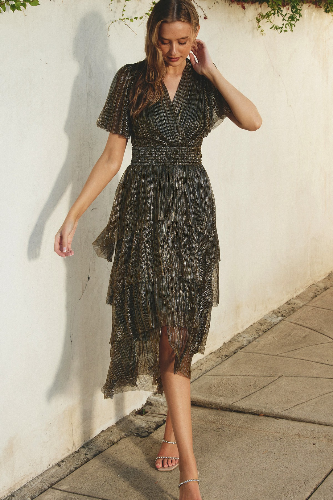 Metallic Cinched Waist Tiered Maxi Dress 