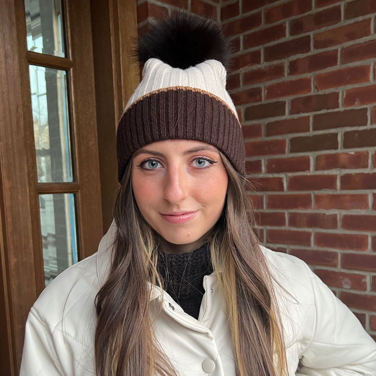 Two Tone Brown and Pearl Fox Pom Beanie