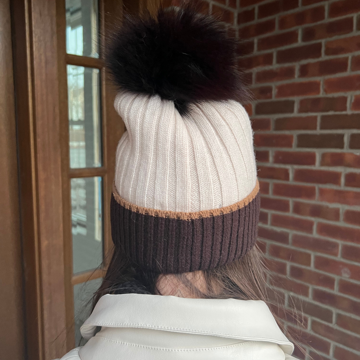 Two Tone Brown and Pearl Fox Pom Beanie