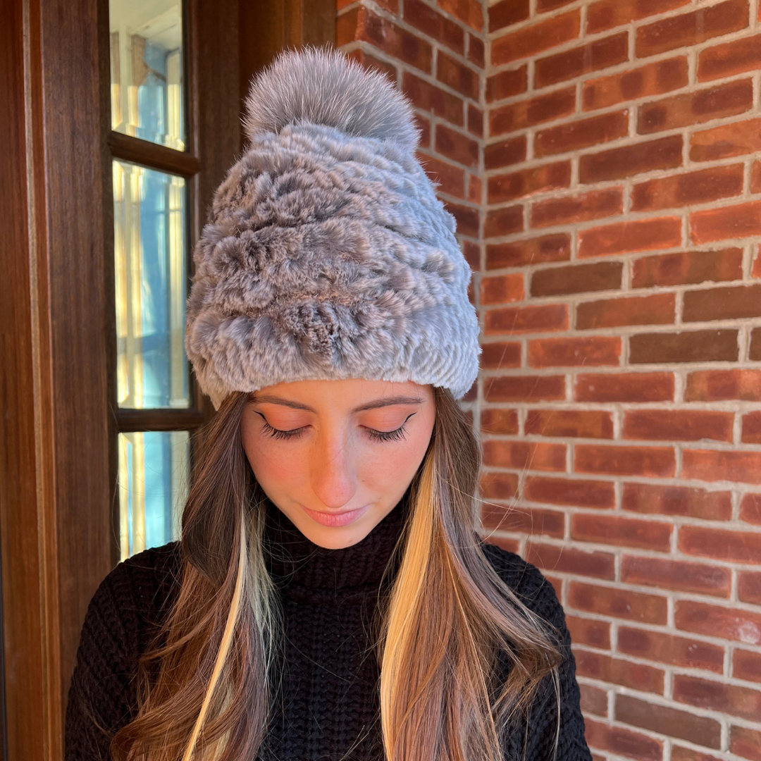 knit rabbit winter hat fox pom