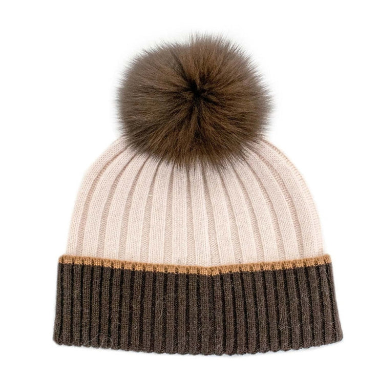 Two Tone Brown and Pearl Fox Pom Beanie