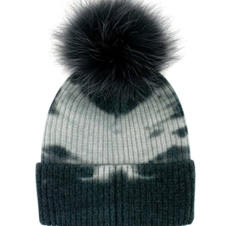 Black tie dye beanie fox pom