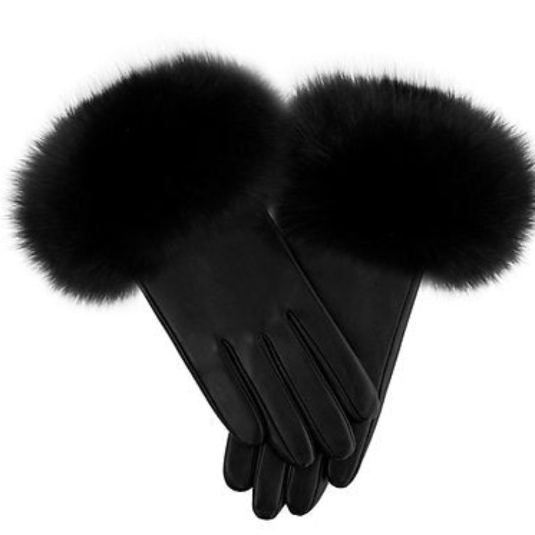 black leather gloves fox fur trim