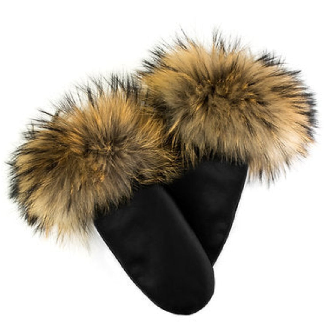 Black Leather Mittens Raccoon Fur